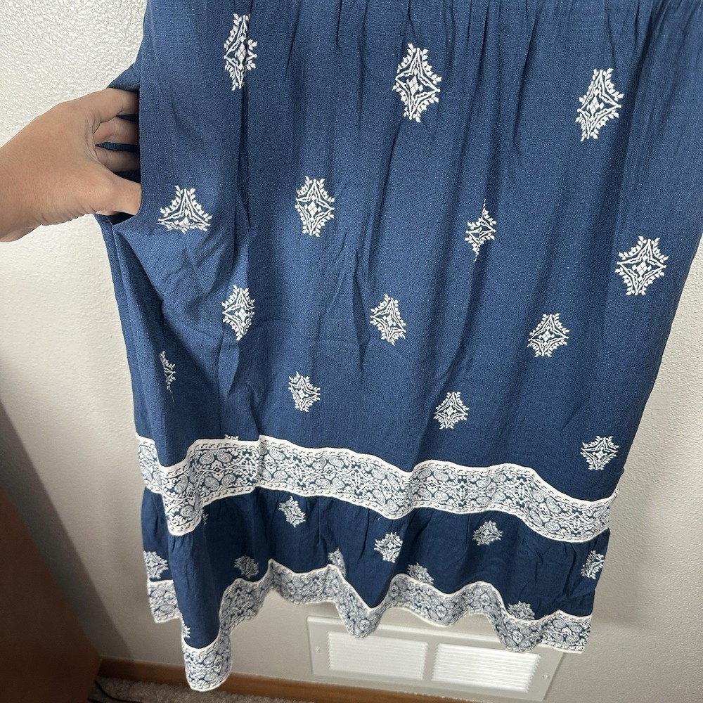 NEW LUCKY BRAND Dress Sz Large Blue Medallion Print Midi Sleeveless Boho Coastal - Picture 3 of 7